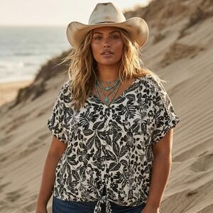 A.U.W. LA|NY Tropical Floral Tie-Front V-Neck Blouse Size 2X Boho